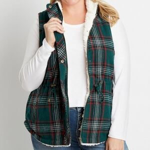 Maurices Green Plaid Sherpa Lined Cinch Waist Vest X-Large NEW